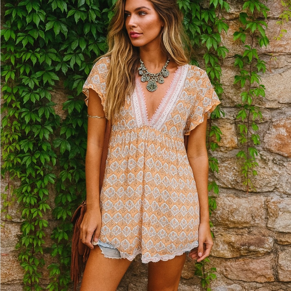 GOA BEACHWEAR BY JAPNA Ecru, Blue, and Orange Boho Coverup, S